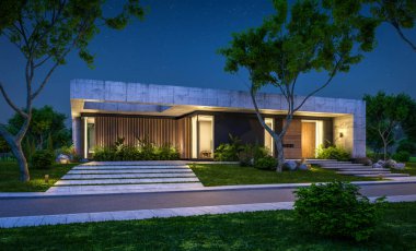 Modern tarzda yeni beton bir ev, havuz, park yeri ya da kira ve arka planda güzel bir peyzaj. Sadece bir kat. Gökyüzünde bir sürü yıldızla berrak bir yaz gecesi.