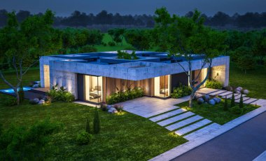 Modern tarzda yeni beton bir ev, havuz, park yeri ya da kira ve arka planda güzel bir peyzaj. Sadece bir kat. Gökyüzünde bir sürü yıldızla berrak bir yaz gecesi.