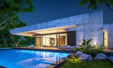 3d rendering of new concrete house in modern style with pool and parking for sale or rent and beautiful landscaping on background. Only one floor. Clear summer night with many stars on the sky.