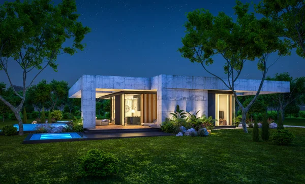 Modern tarzda yeni beton bir ev, havuz, park yeri ya da kira ve arka planda güzel bir peyzaj. Sadece bir kat. Gökyüzünde bir sürü yıldızla berrak bir yaz gecesi.