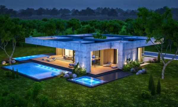 Rendering New Concrete House Modern Style Pool Parking Sale Rent — Φωτογραφία Αρχείου