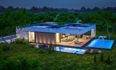 3d rendering of new concrete house in modern style with pool and parking for sale or rent and beautiful landscaping on background. Only one floor. Clear summer night with many stars on the sky.