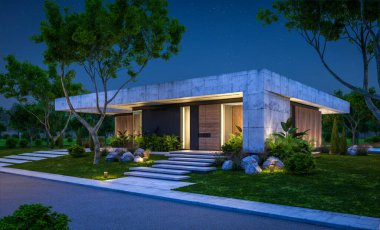 Modern tarzda yeni beton bir ev, havuz, park yeri ya da kira ve arka planda güzel bir peyzaj. Sadece bir kat. Gökyüzünde bir sürü yıldızla berrak bir yaz gecesi.