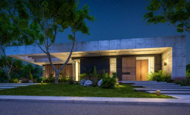 Modern tarzda yeni beton bir ev, havuz, park yeri ya da kira ve arka planda güzel bir peyzaj. Sadece bir kat. Gökyüzünde bir sürü yıldızla berrak bir yaz gecesi.