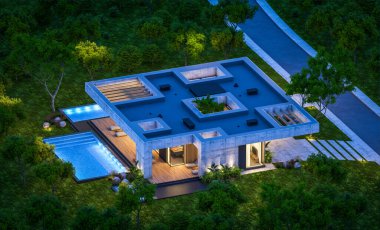 3d rendering of new concrete house in modern style with pool and parking for sale or rent and beautiful landscaping on background. Only one floor. Clear summer night with many stars on the sky.