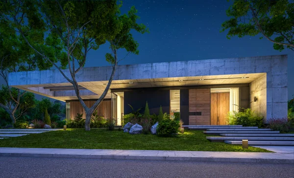 Modern tarzda yeni beton bir ev, havuz, park yeri ya da kira ve arka planda güzel bir peyzaj. Sadece bir kat. Gökyüzünde bir sürü yıldızla berrak bir yaz gecesi.