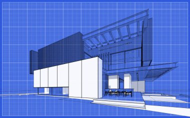 Park yeri ve havuzu satılık ya da ahşap kaplamalı modern konforlu ev. Beyaz nokta ve plan arkaplanlı siyah çizgi çizimi