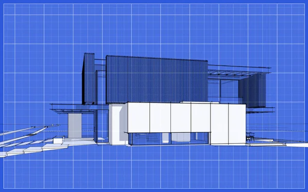 3D展示现代化舒适的房子 设有停车场和供出售的游泳池 或租用木制木板立面 带有白斑和蓝图背景的黑线草图 — 图库照片