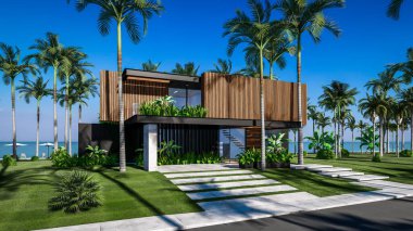 Park yeri ve havuzu olan ya da deniz ya da okyanus kıyısında ahşap cepheli modern konforlu bir ev. Tropikal adada palmiye ağaçları ve çiçeklerle masmavi sahilde güneşli bir gün.