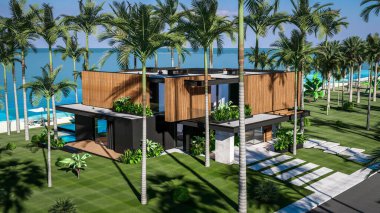 Park yeri ve havuzu olan ya da deniz ya da okyanus kıyısında ahşap cepheli modern konforlu bir ev. Tropikal adada palmiye ağaçları ve çiçeklerle masmavi sahilde güneşli bir gün.