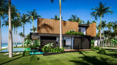 Park yeri ve havuzu olan ya da deniz ya da okyanus kıyısında ahşap cepheli modern konforlu bir ev. Tropikal adada palmiye ağaçları ve çiçeklerle masmavi sahilde güneşli bir gün.