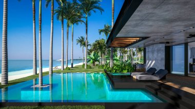 Park yeri ve havuzu olan ya da deniz ya da okyanus kıyısında ahşap cepheli modern konforlu bir ev. Tropikal adada palmiye ağaçları ve çiçeklerle masmavi sahilde güneşli bir gün.