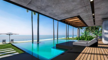 Park yeri ve havuzu olan ya da deniz ya da okyanus kıyısında ahşap cepheli modern konforlu bir ev. Tropikal adada palmiye ağaçları ve çiçeklerle masmavi sahilde güneşli bir gün.