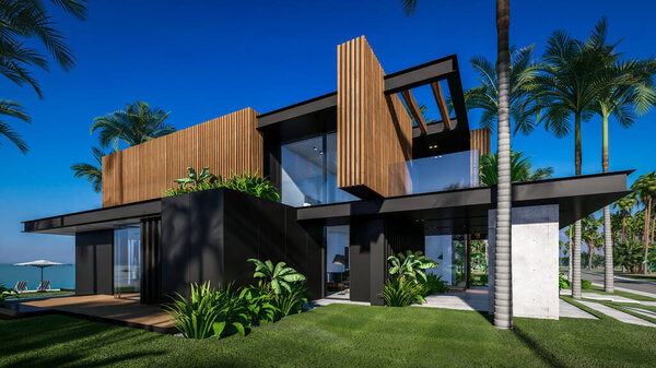 Трехмерный рендеринг современного уютного дома с парковкой и бассейном на продажу или в аренду с деревянным фасадом у моря или океана. Солнечный день у лазурного побережья с пальмами и цветами на тропическом острове