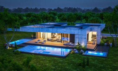 3d rendering of new concrete house in modern style with pool and parking for sale or rent and beautiful landscaping on background. Only one floor. Clear summer night with many stars on the sky.