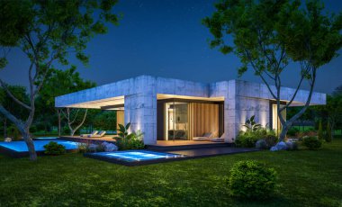 Modern tarzda yeni beton bir ev, havuz, park yeri ya da kira ve arka planda güzel bir peyzaj. Sadece bir kat. Gökyüzünde bir sürü yıldızla berrak bir yaz gecesi.