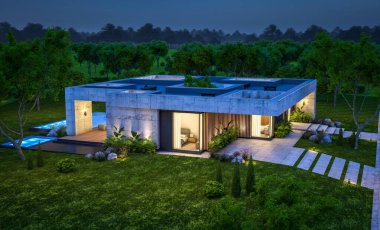 Modern tarzda yeni beton bir ev, havuz, park yeri ya da kira ve arka planda güzel bir peyzaj. Sadece bir kat. Gökyüzünde bir sürü yıldızla berrak bir yaz gecesi.