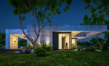 Modern tarzda yeni beton bir ev, havuz, park yeri ya da kira ve arka planda güzel bir peyzaj. Sadece bir kat. Gökyüzünde bir sürü yıldızla berrak bir yaz gecesi.