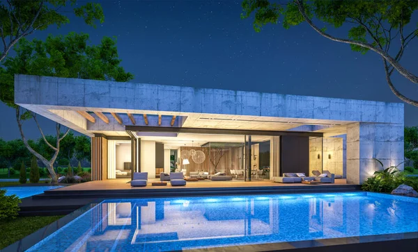 Rendering New Concrete House Modern Style Pool Parking Sale Rent — ストック写真