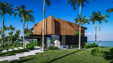 Park yeri ve havuzu olan ya da deniz ya da okyanus kıyısında ahşap cepheli modern konforlu bir ev. Tropikal adada palmiye ağaçları ve çiçeklerle masmavi sahilde güneşli bir gün.