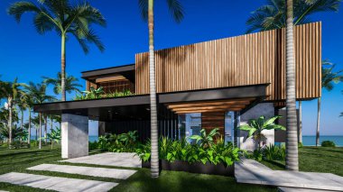 Park yeri ve havuzu olan ya da deniz ya da okyanus kıyısında ahşap cepheli modern konforlu bir ev. Tropikal adada palmiye ağaçları ve çiçeklerle masmavi sahilde güneşli bir gün.
