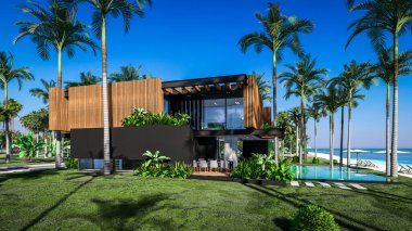 Park yeri ve havuzu olan ya da deniz ya da okyanus kıyısında ahşap cepheli modern konforlu bir ev. Tropikal adada palmiye ağaçları ve çiçeklerle masmavi sahilde güneşli bir gün.