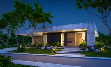 Modern tarzda yeni beton bir ev, havuz, park yeri ya da kira ve arka planda güzel bir peyzaj. Sadece bir kat. Gökyüzünde bir sürü yıldızla berrak bir yaz gecesi.