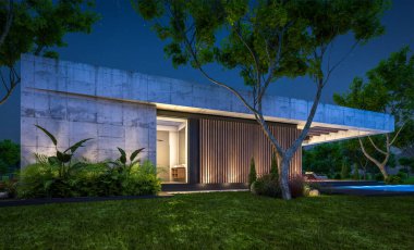 Modern tarzda yeni beton bir ev, havuz, park yeri ya da kira ve arka planda güzel bir peyzaj. Sadece bir kat. Gökyüzünde bir sürü yıldızla berrak bir yaz gecesi.