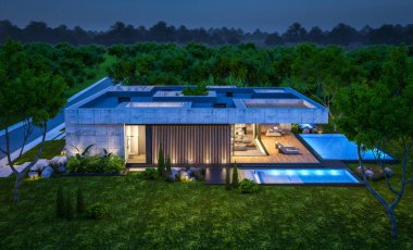 Modern tarzda yeni beton bir ev, havuz, park yeri ya da kira ve arka planda güzel bir peyzaj. Sadece bir kat. Gökyüzünde bir sürü yıldızla berrak bir yaz gecesi.