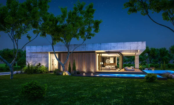 Rendering New Concrete House Modern Style Pool Parking Sale Rent —  Fotos de Stock