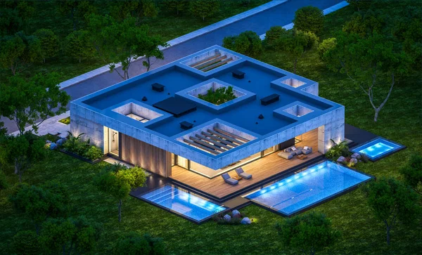 Rendering New Concrete House Modern Style Pool Parking Sale Rent — ストック写真