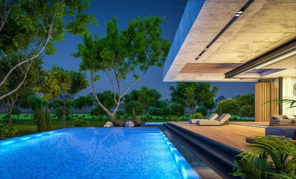 Representación Nueva Casa Hormigón Estilo Moderno Con Piscina Aparcamiento Venta — Foto de Stock