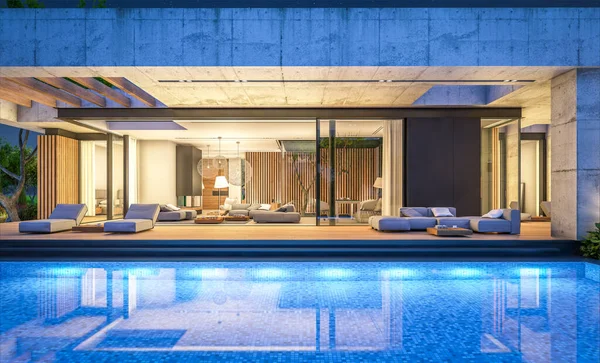 Rendering New Concrete House Modern Style Pool Parking Sale Rent — Fotografia de Stock