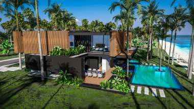 Park yeri ve havuzu olan ya da deniz ya da okyanus kıyısında ahşap cepheli modern konforlu bir ev. Tropikal adada palmiye ağaçları ve çiçeklerle masmavi sahilde güneşli bir gün.