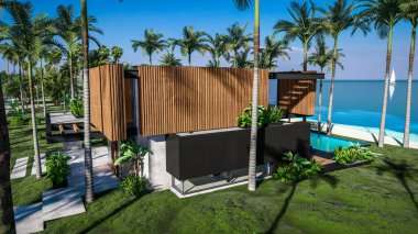 Park yeri ve havuzu olan ya da deniz ya da okyanus kıyısında ahşap cepheli modern konforlu bir ev. Tropikal adada palmiye ağaçları ve çiçeklerle masmavi sahilde güneşli bir gün.