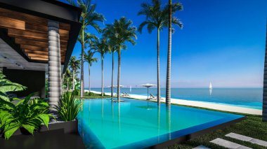 Park yeri ve havuzu olan ya da deniz ya da okyanus kıyısında ahşap cepheli modern konforlu bir ev. Tropikal adada palmiye ağaçları ve çiçeklerle masmavi sahilde güneşli bir gün.