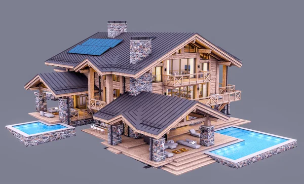 Rendering Von Modernen Gemütlichen Chalet Mit Pool Und Parkplatz Zum — Stockfoto