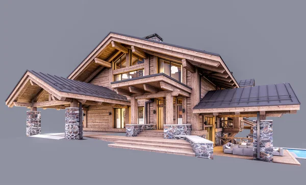 Rendering Modern Cozy Chalet Dengan Kolam Renang Dan Parkir Untuk — Stok Foto