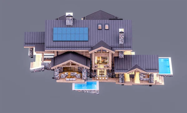 Rendering Modern Cozy Chalet Dengan Kolam Renang Dan Parkir Untuk — Stok Foto