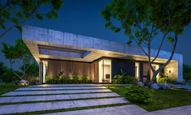 Modern tarzda yeni beton bir ev, havuz, park yeri ya da kira ve arka planda güzel bir peyzaj. Sadece bir kat. Gökyüzünde bir sürü yıldızla berrak bir yaz gecesi.