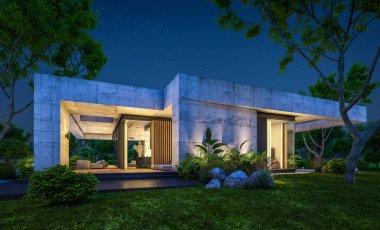 Modern tarzda yeni beton bir ev, havuz, park yeri ya da kira ve arka planda güzel bir peyzaj. Sadece bir kat. Gökyüzünde bir sürü yıldızla berrak bir yaz gecesi.