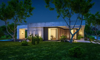 Modern tarzda yeni beton bir ev, havuz, park yeri ya da kira ve arka planda güzel bir peyzaj. Sadece bir kat. Gökyüzünde bir sürü yıldızla berrak bir yaz gecesi.