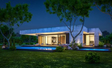 Modern tarzda yeni beton bir ev, havuz, park yeri ya da kira ve arka planda güzel bir peyzaj. Sadece bir kat. Gökyüzünde bir sürü yıldızla berrak bir yaz gecesi.