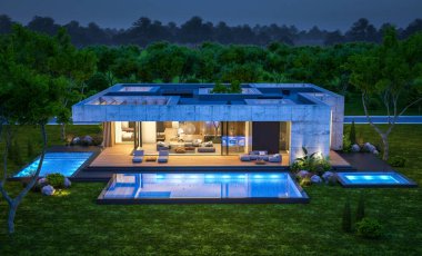 Modern tarzda yeni beton bir ev, havuz, park yeri ya da kira ve arka planda güzel bir peyzaj. Sadece bir kat. Gökyüzünde bir sürü yıldızla berrak bir yaz gecesi.