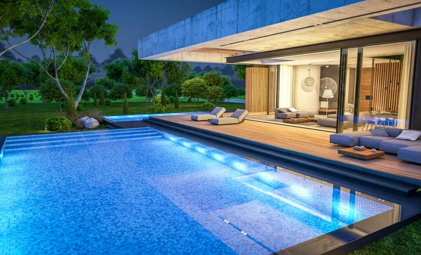 Renderização Casa Concreto Novo Estilo Moderno Com Piscina Estacionamento Para — Fotografia de Stock