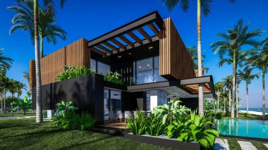Park yeri ve havuzu olan ya da deniz ya da okyanus kıyısında ahşap cepheli modern konforlu bir ev. Tropikal adada palmiye ağaçları ve çiçeklerle masmavi sahilde güneşli bir gün.