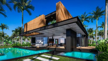 Park yeri ve havuzu olan ya da deniz ya da okyanus kıyısında ahşap cepheli modern konforlu bir ev. Tropikal adada palmiye ağaçları ve çiçeklerle masmavi sahilde güneşli bir gün.