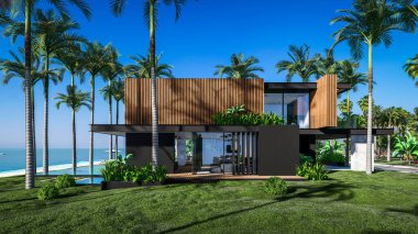 Park yeri ve havuzu olan ya da deniz ya da okyanus kıyısında ahşap cepheli modern konforlu bir ev. Tropikal adada palmiye ağaçları ve çiçeklerle masmavi sahilde güneşli bir gün.
