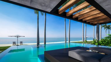 Park yeri ve havuzu olan ya da deniz ya da okyanus kıyısında ahşap cepheli modern konforlu bir ev. Tropikal adada palmiye ağaçları ve çiçeklerle masmavi sahilde güneşli bir gün.