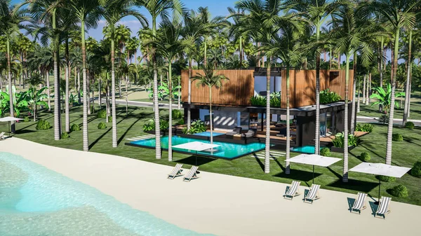 3D提供现代化舒适的房子 设有停车场和游泳池供出售或租用 或在海边或海边设有木板立面 阳光普照的海边 热带岛屿上有棕榈树和花朵 — 图库照片